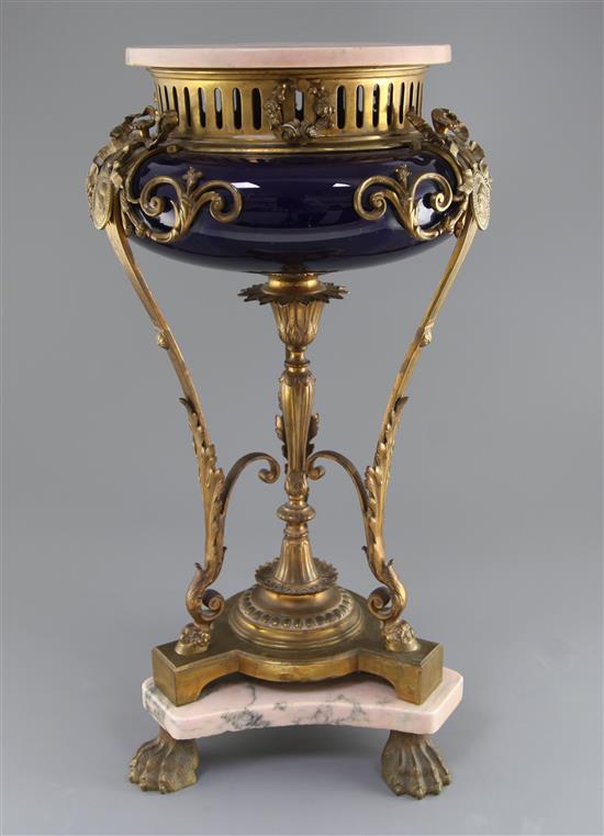 A Louis XV style ormolu, pink marble and blue ceramic brûle-parfum, H.22in.